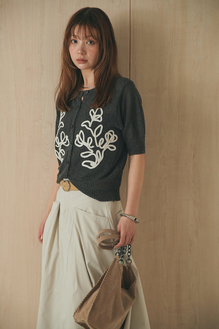 [SET]フロントテープデザイン半袖カーディガン+ミリタリーツイルタックフレアスカート(2set)