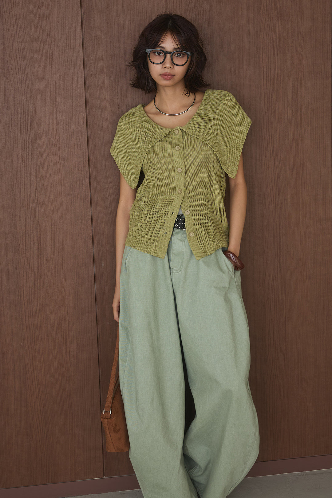 [SET]ビッグカラーボタンニットトップス+ベルト付きカラーデニムパンツ(2set)