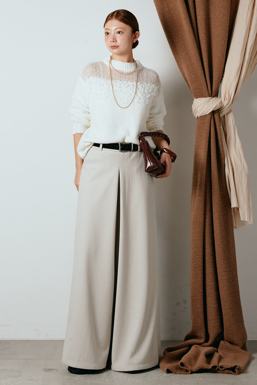 [SET]パターンランダム編みニットトップス+ベルト付きフロントタックデザインパンツ(2set)