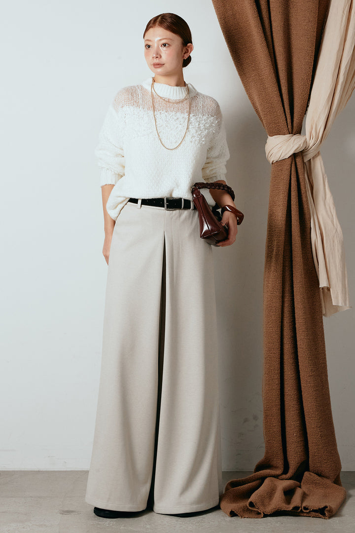 [SET]パターンランダム編みニットトップス+ベルト付きフロントタックデザインパンツ(2set)