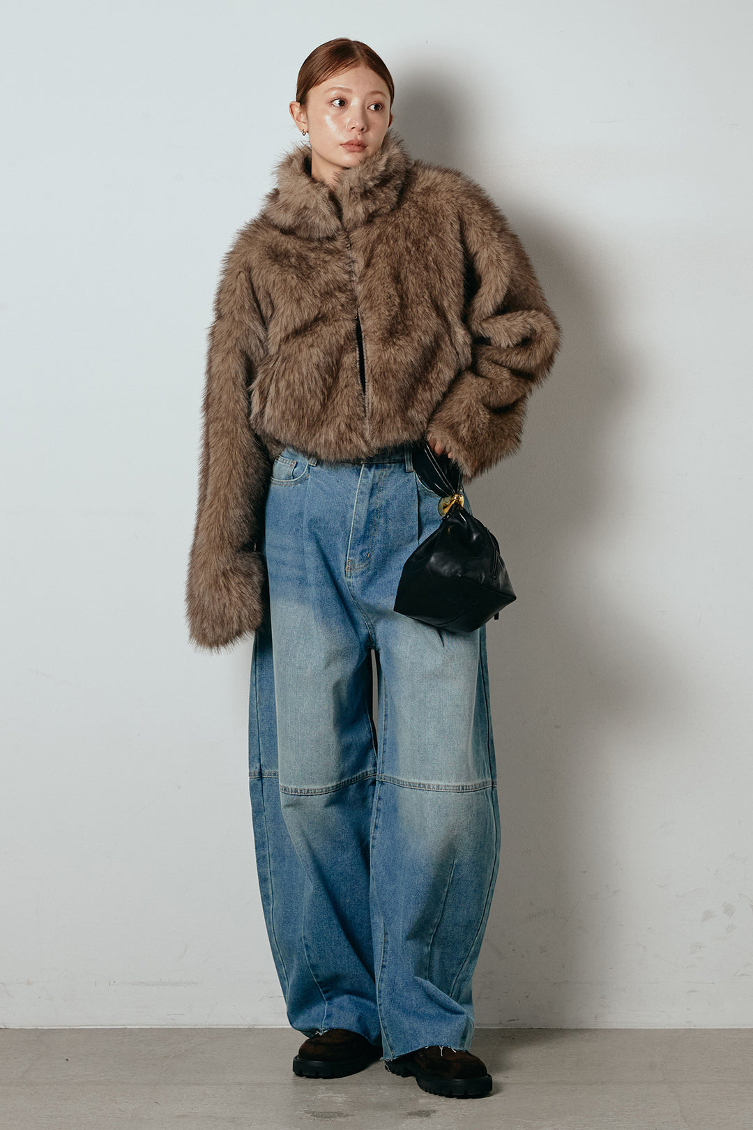 [SET]エコファーショート丈ブルゾン+加工デニムタックコクーンワイドパンツ(2set)