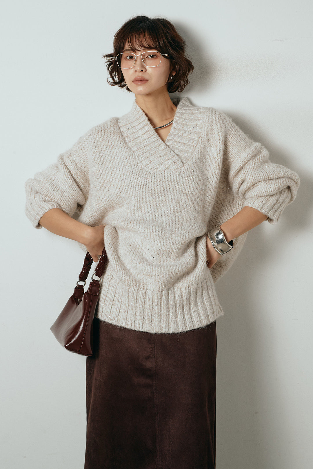 [SET]Vネックラメニットトップス+スウェードライク裾フリンジスカート(2set)