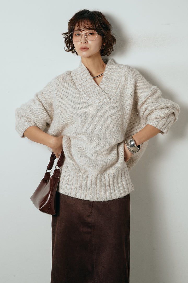 [SET]Vネックラメニットトップス+スウェードライク裾フリンジスカート(2set)