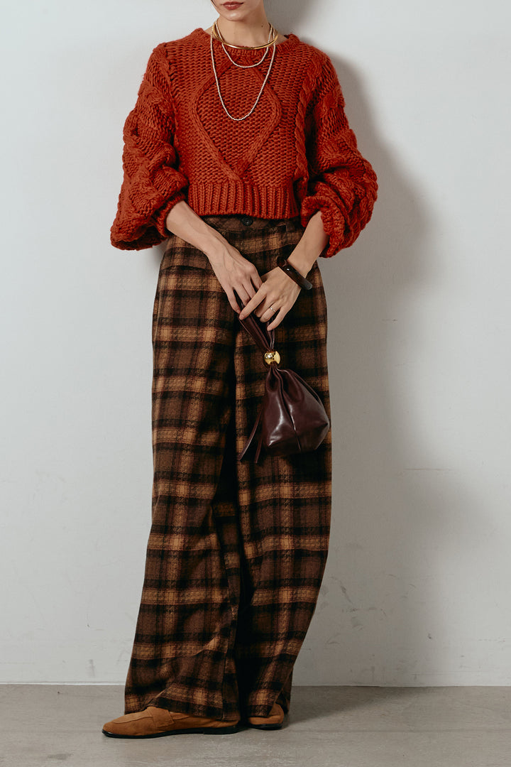 [SET]ロービングケーブルショート丈プルオーバー+ルーズタータンチェックワイドパンツ(2set)