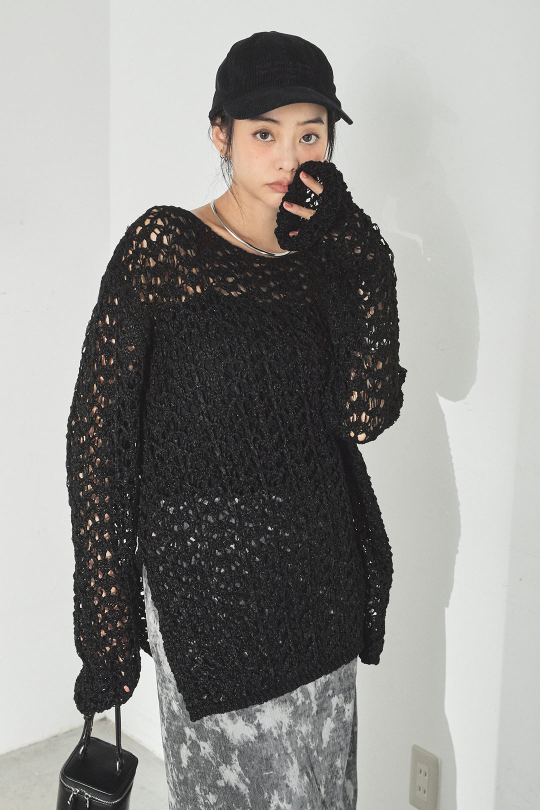 [SET]リラックスメッシュニットトップス+タイダイ柄ベロアワイドスカート(2set)