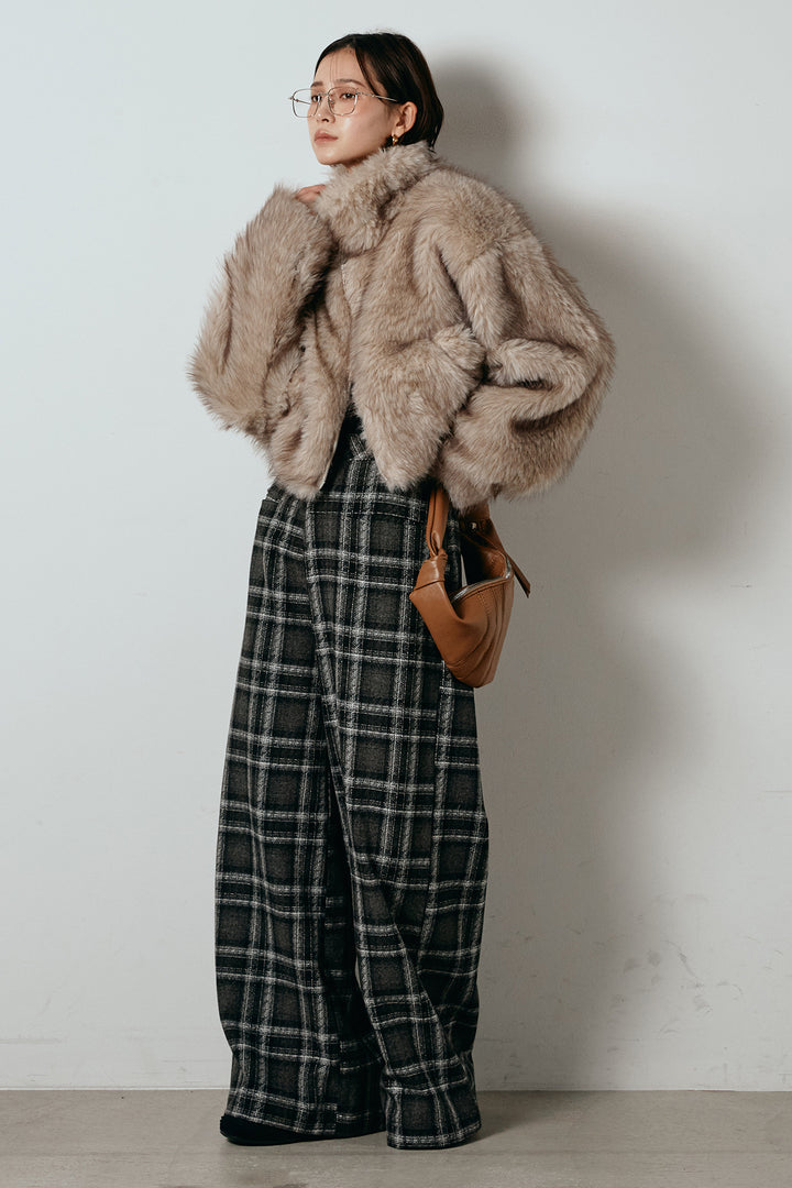 [SET]エコファーショート丈ブルゾン+ルーズタータンチェックワイドパンツ(2set)