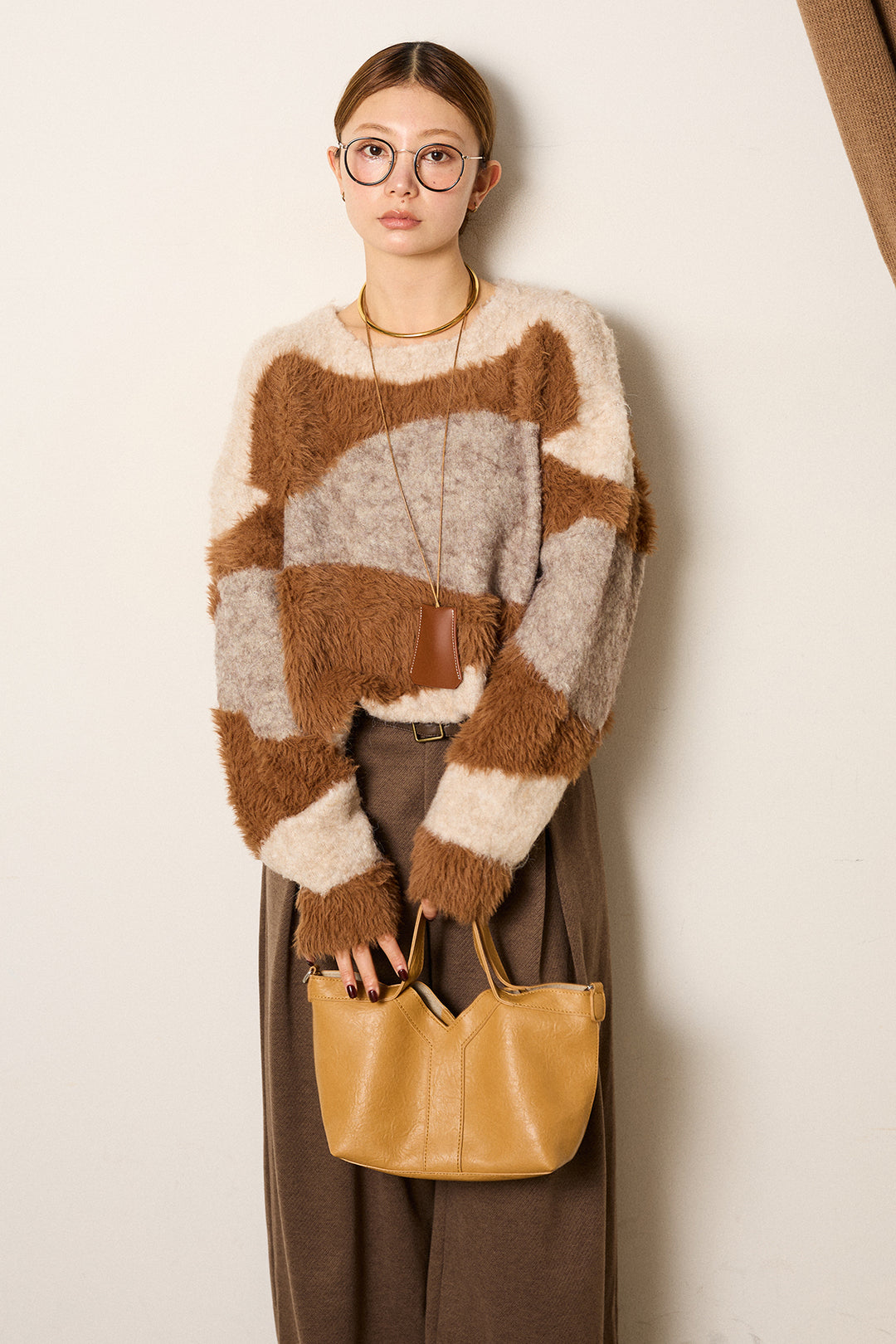 [SET]シャギーウェーブ柄クルーネックニットトップス+細ベルト付き起毛タックワイドパンツ(2set)