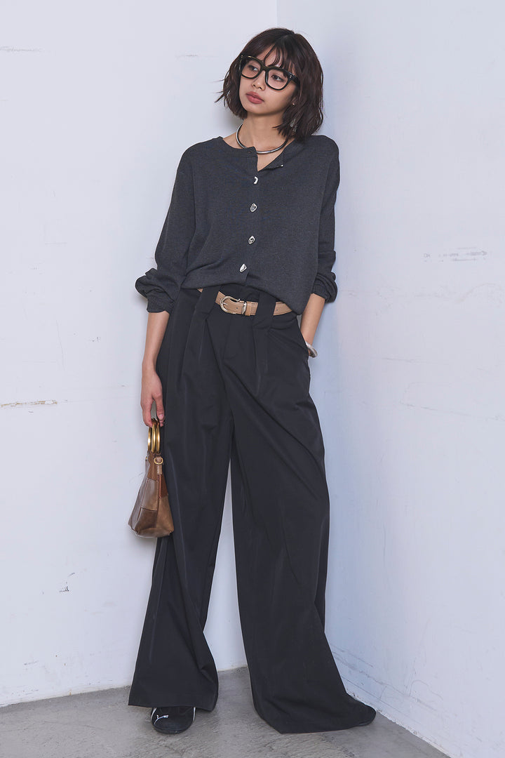 [SET]リサイクルポリニュアンス釦カーデ+ベルトループデザインハイウエストタックパンツ(2set)