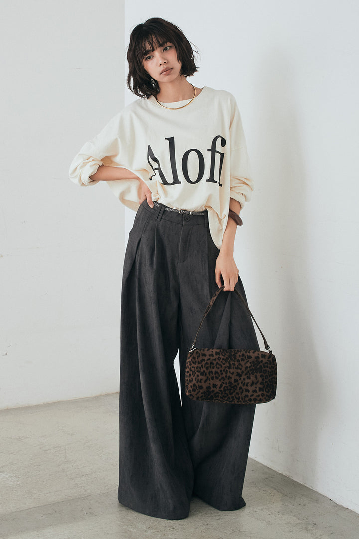 [SET]裾センタードロストロゴプリントワイドTシャツ+紐ベルト付きかすれ柄ワイドスラックス(2set)