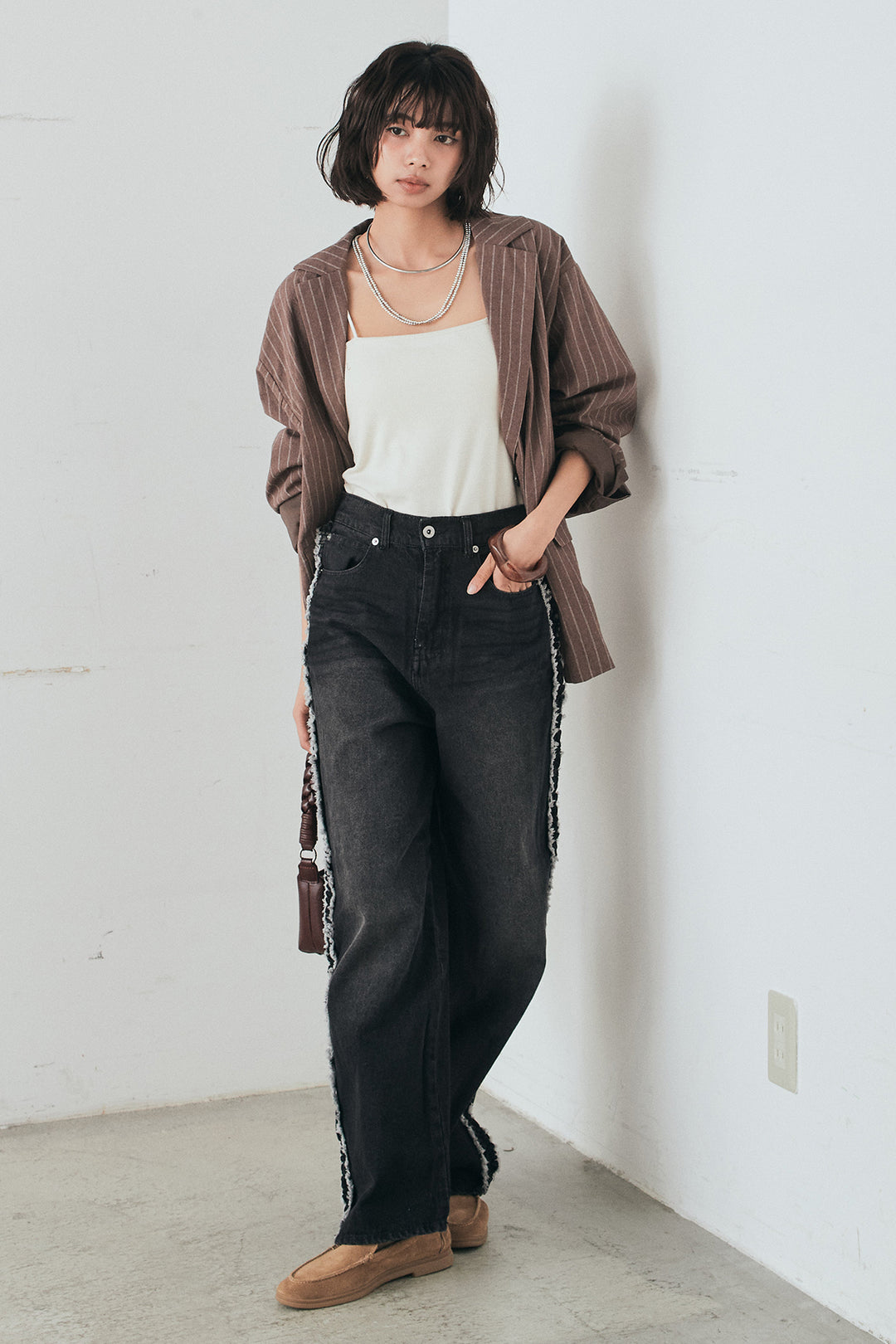 [SET]リネンライクストライプテーラードジャケット+デニムサイドフリルパンツ(2set)