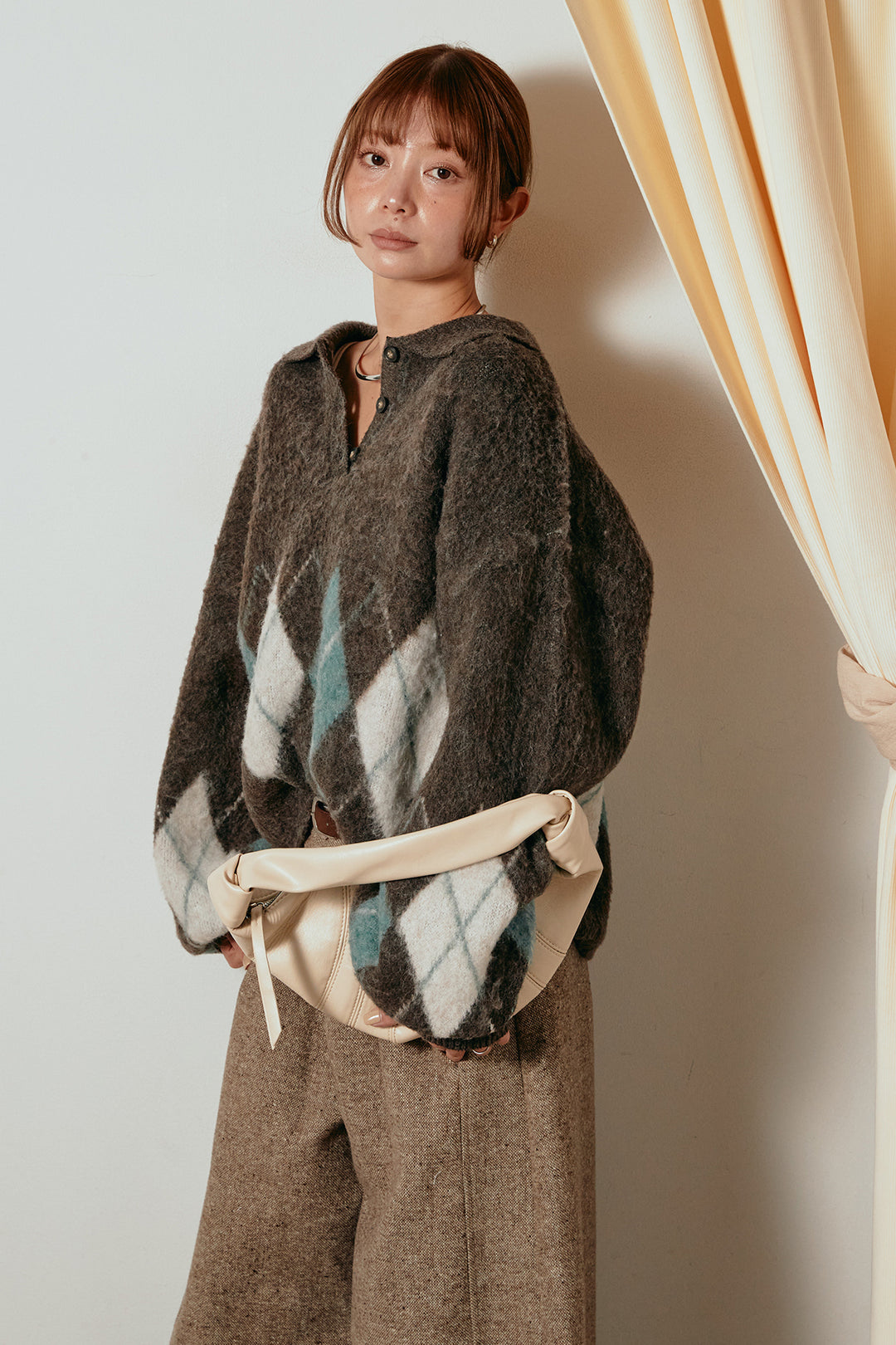 [SET]アーガイル柄ポロニットトップス+ベルト付きネップツイードカーブパンツ(2set)