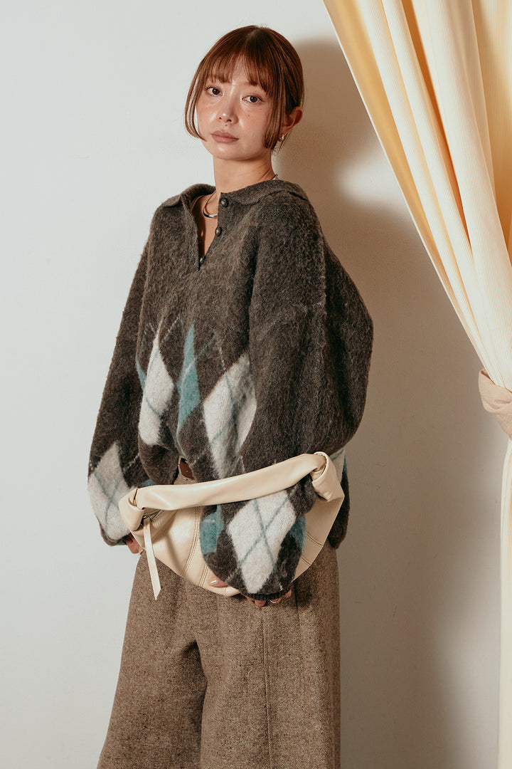 [SET]アーガイル柄ポロニットトップス+ベルト付きネップツイードカーブパンツ(2set)