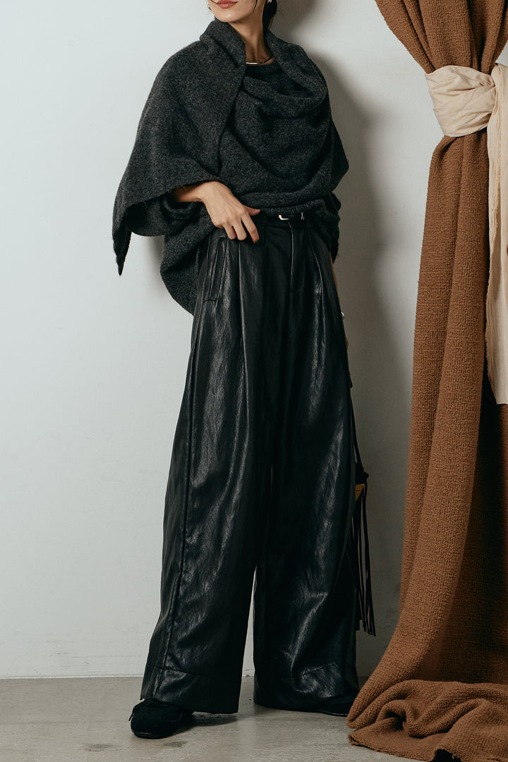 [SET]ネック巻きデザインニットトップス+ベルト付きレザーライクタックパンツ(2set)