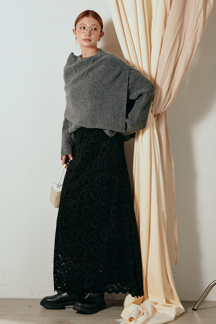 [SET]ケープデザインリブニットトップス+花柄刺繍ベロアフレアスカート(2set)