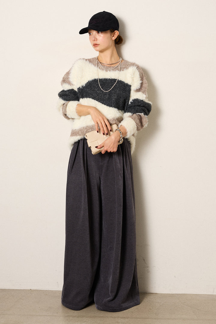 [SET]シャギーウェーブ柄クルーネックニットトップス+ベルトループコーデュロイワイドパンツ(2set)