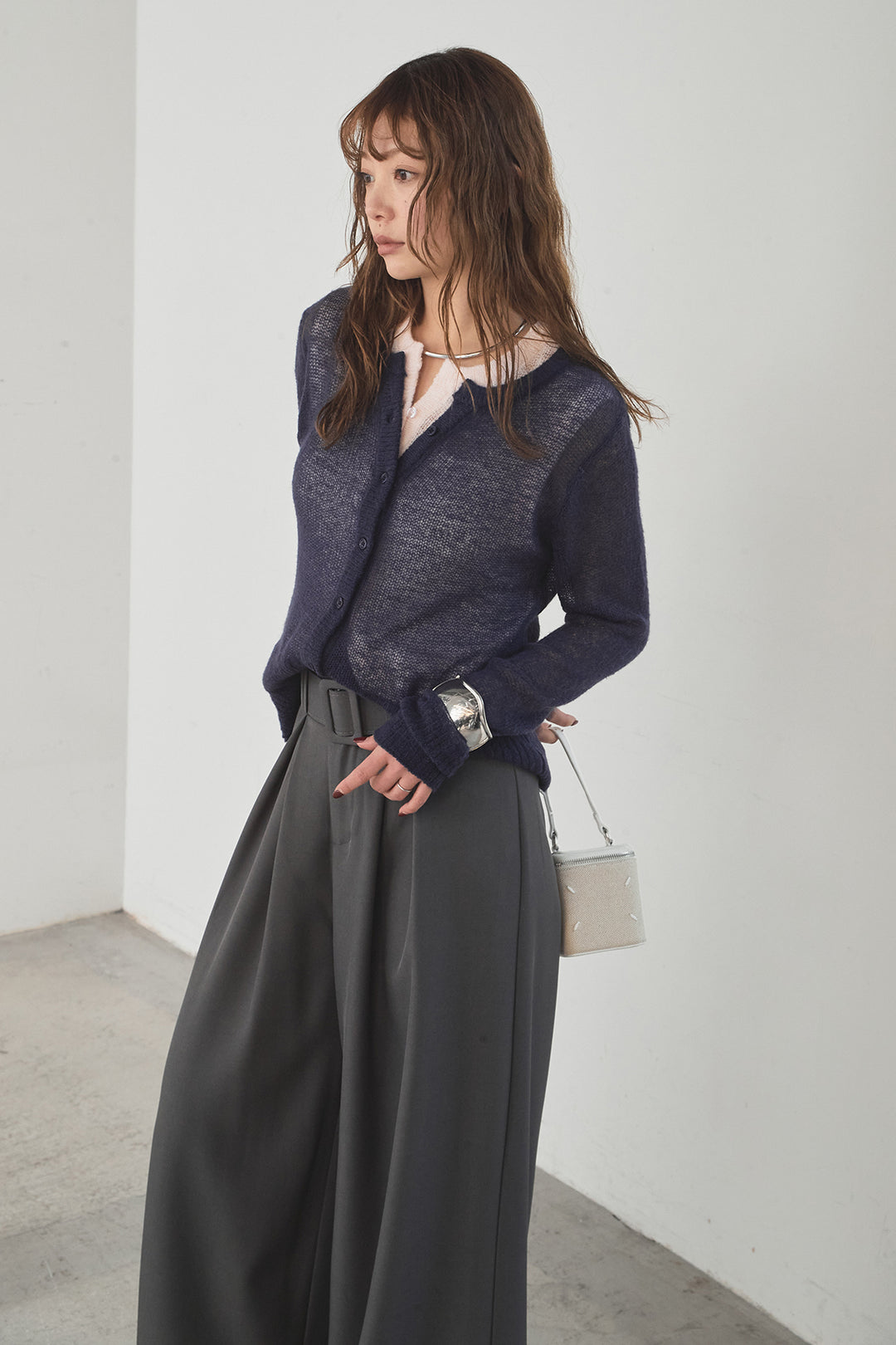 [SET]モヘア透かし編みレイヤードアンサンブルセット+ベルト付きツータックワイドパンツ(2set)