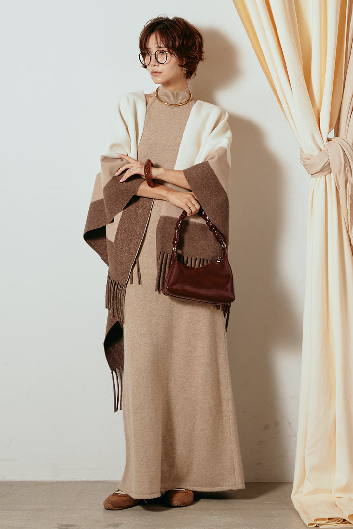 [SET]裾フリンジ柄ポンチョアウター+ノースリーブニットロングワンピース(2set)