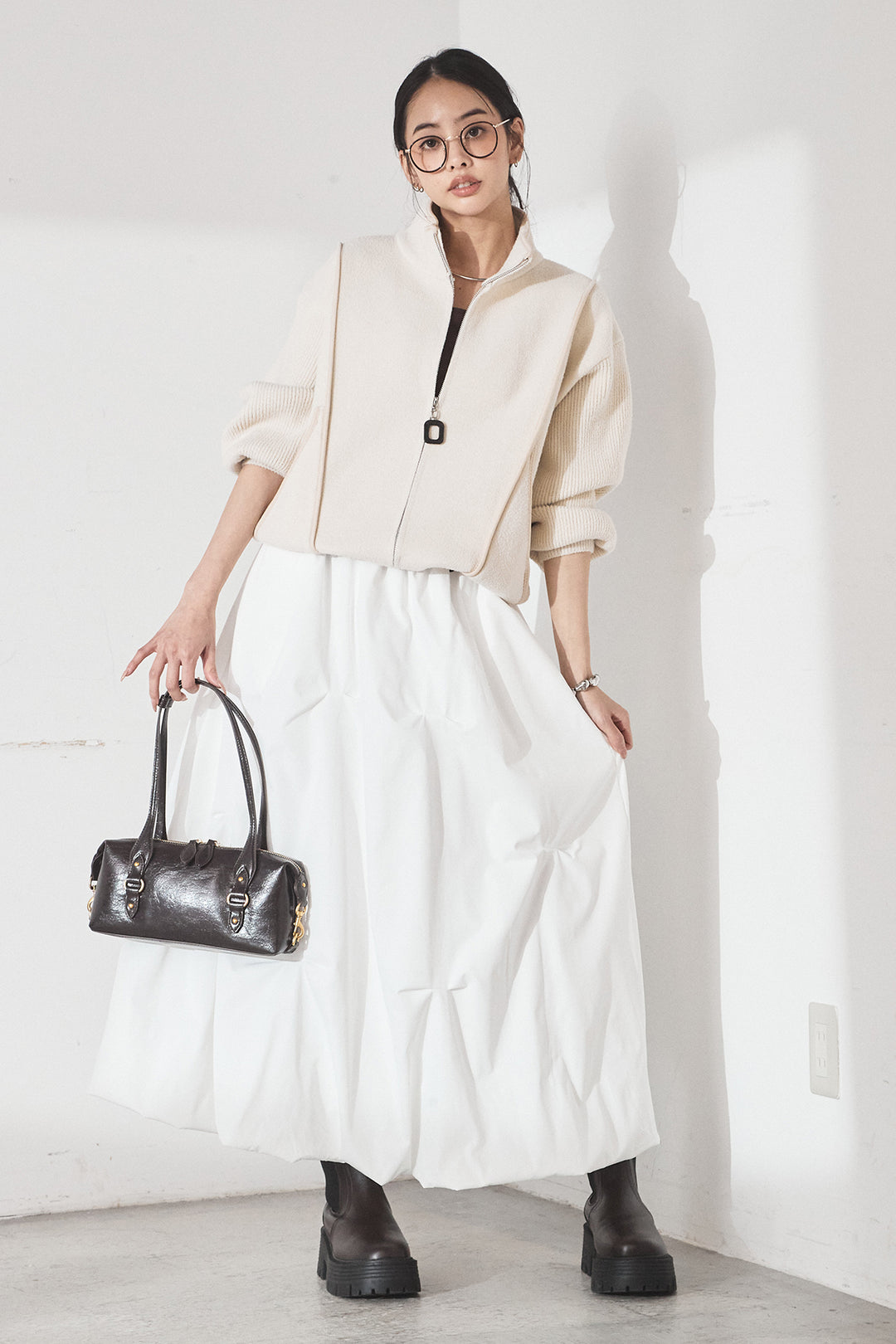 [SET]ハイネックパイピングデザインブルゾン+ランダムタックバルーンスカート(2set)