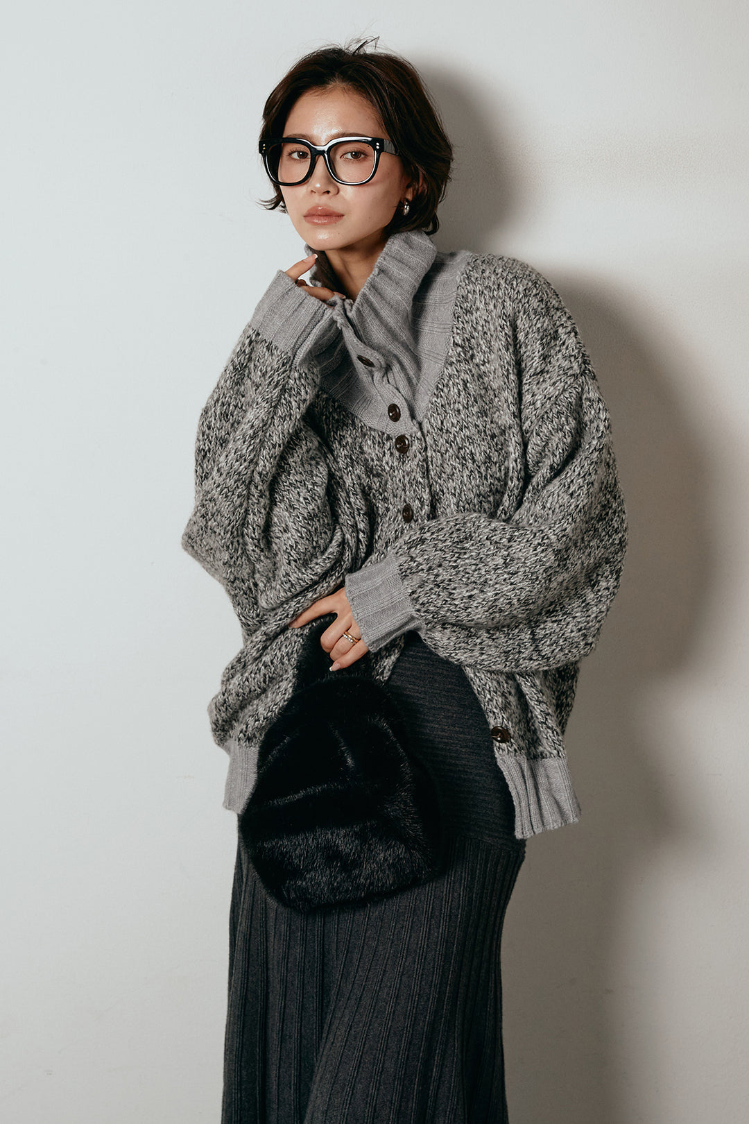 [SET]ハイネックミックスニットカーディガン+編み地切り替えフレアニットスカート(2set)