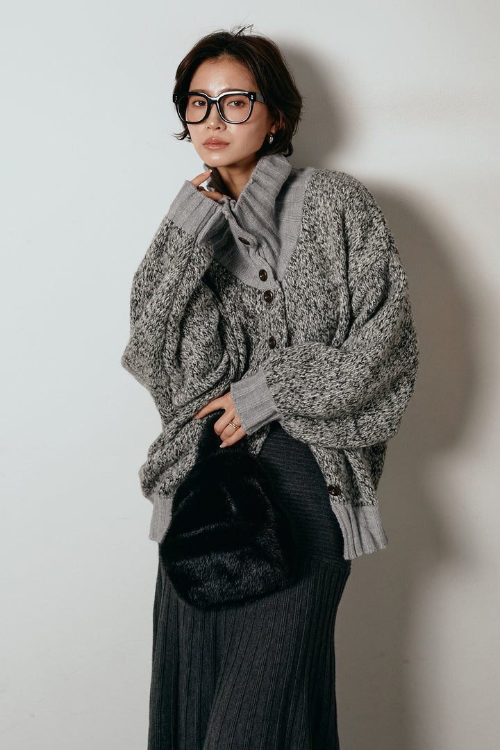 [SET]ハイネックミックスニットカーディガン+編み地切り替えフレアニットスカート(2set)