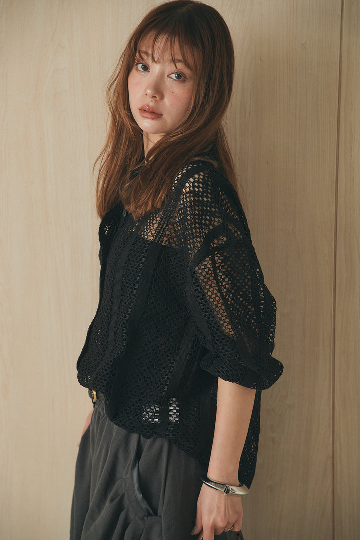 [SET]長袖襟付きレースシャツ+ポケットタックフォルムパンツ(2set)