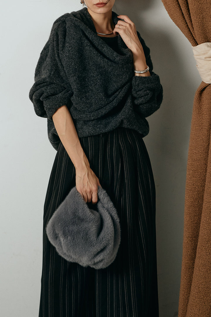 [SET]ネック巻きデザインニットトップス+タック入りマルチストライプ柄ワイドパンツ(2set)