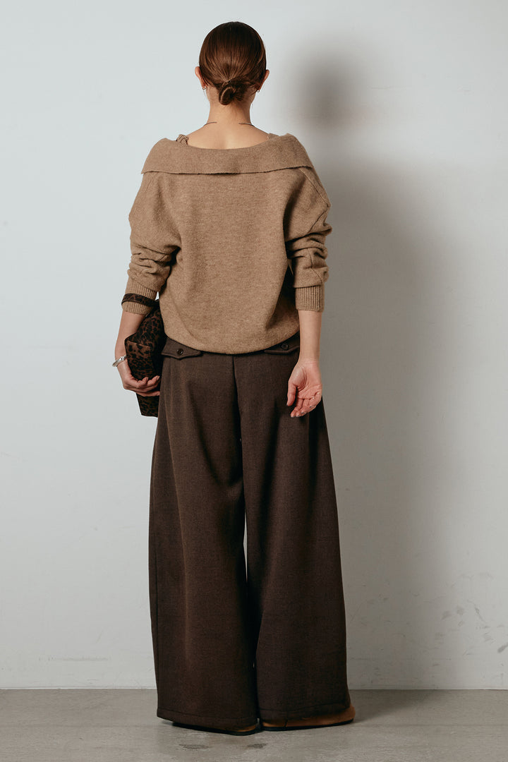 [SET]襟付きレイヤードニットトップス+ポーチベルト付きカーブパンツ(2set)