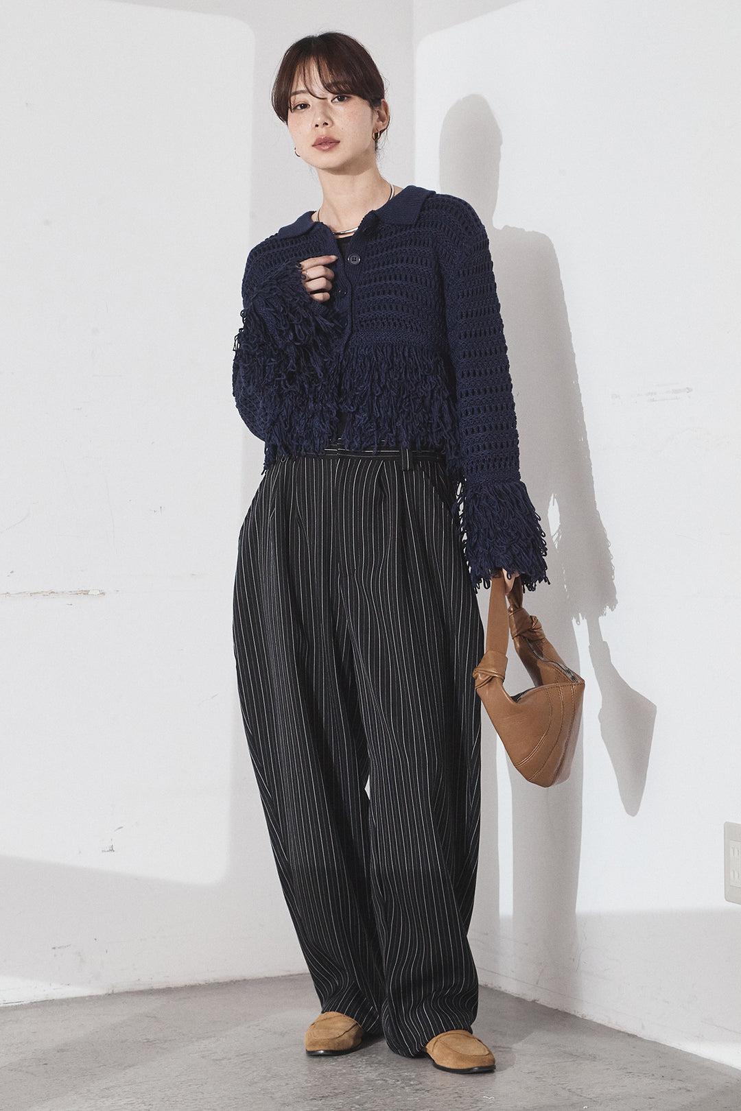 [SET]メッシュフリンジカーディガン+ヘリンボーンストライプツータックパンツ(2set)