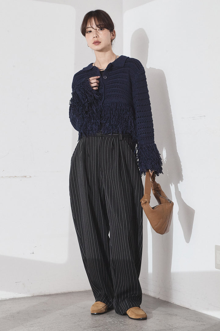 [SET]メッシュフリンジカーディガン+ヘリンボーンストライプツータックパンツ(2set)