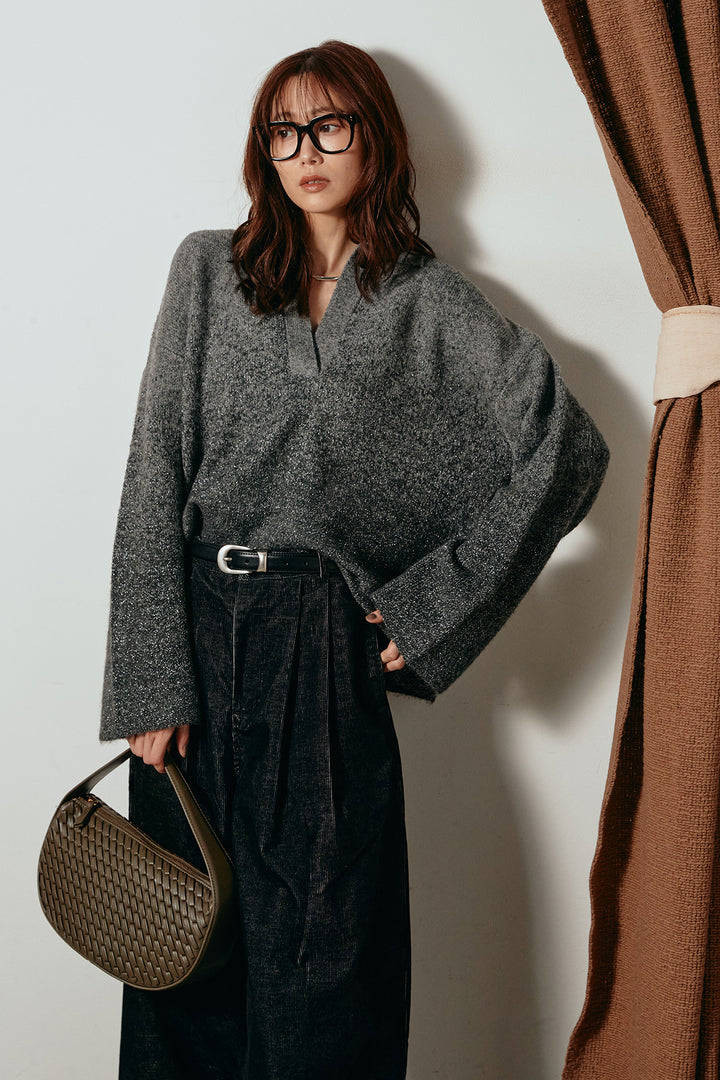 [SET]グラデーションラメニットキーネックプルオーバー+フロントタック入りコーデュロイパンツ(2set)