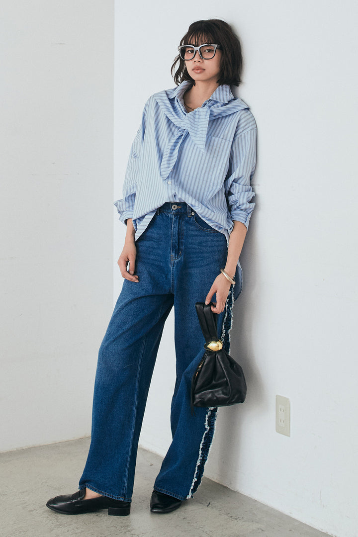 [SET]ランダムストライプスカーフ付きシャツ+デニムサイドフリルパンツ(2set)