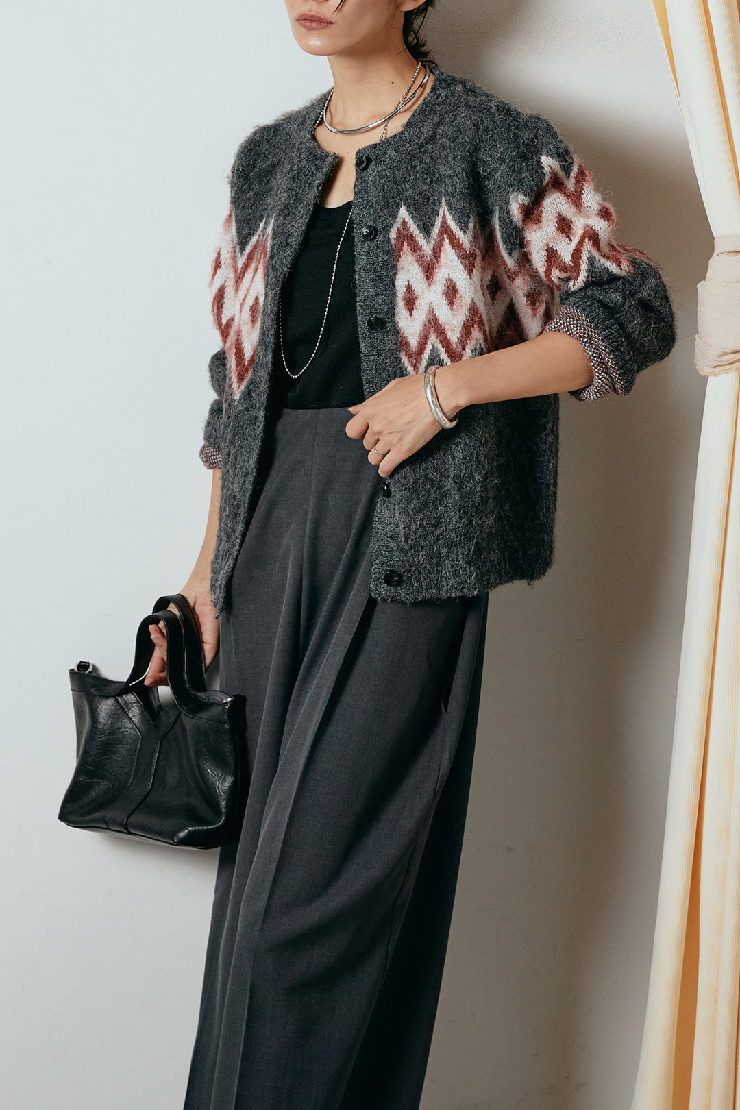 [SET]起毛ノルディック柄ニットカーディガン+ワイドツイルサロペット(2set)