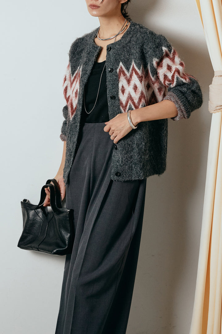 [SET]起毛ノルディック柄ニットカーディガン+ワイドツイルサロペット(2set)