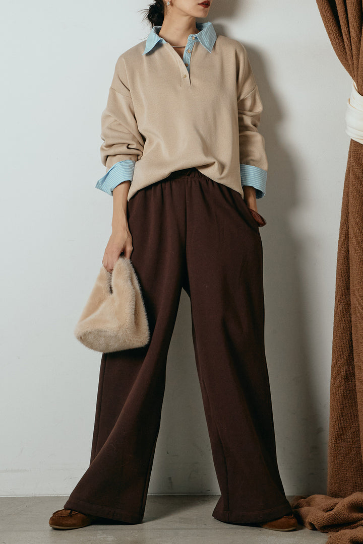 [SET]ストライプシャツドッキングポロトップス+裏起毛スウェットワイドパンツ(2set)