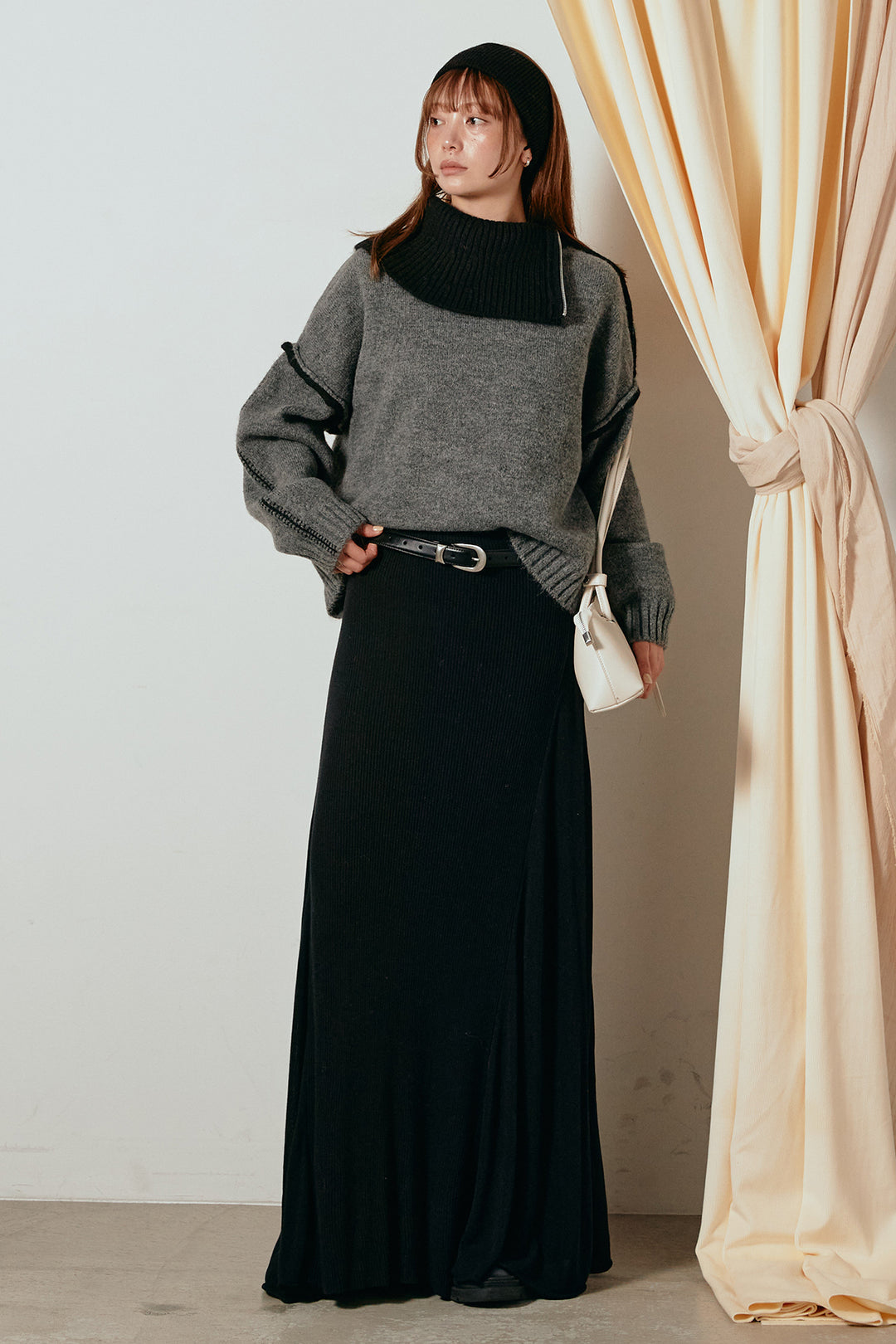 [SET]ハイネックジップデザインニットトップス+サイド切り替えリブニットロングスカート(2set)