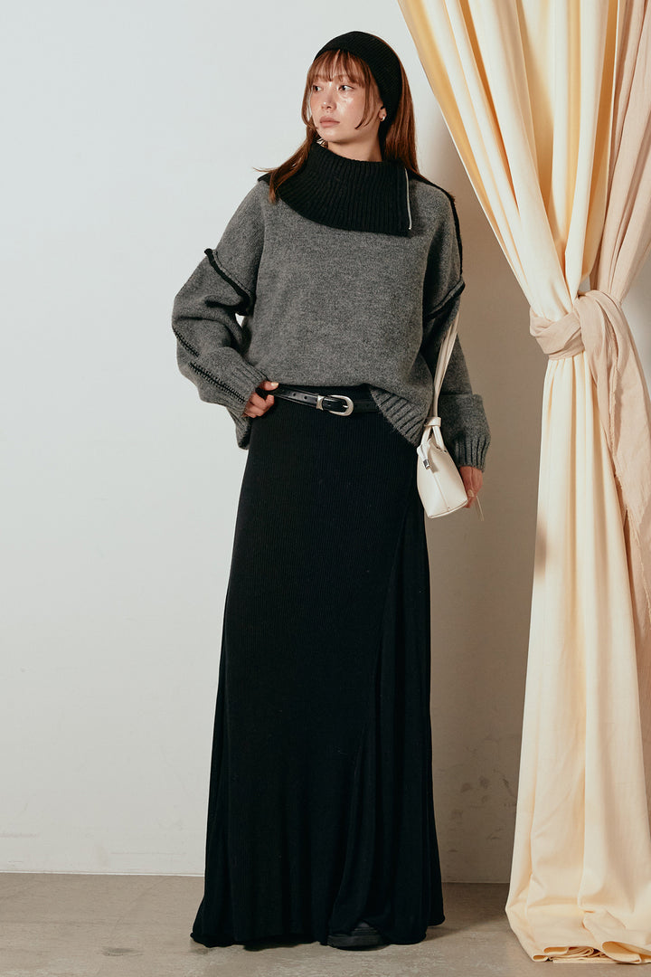 [SET]ハイネックジップデザインニットトップス+サイド切り替えリブニットロングスカート(2set)