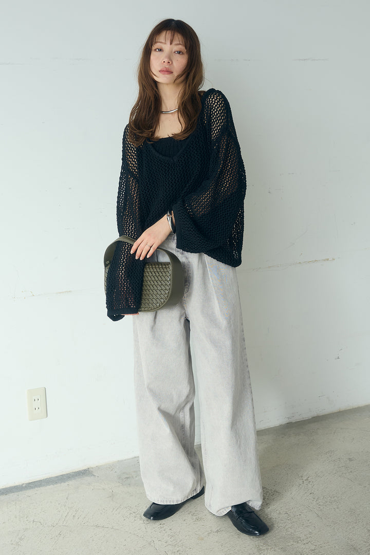 [SET]メッシュ編みビスチェセットVネックプルオーバー+カラーデニムタックカーブパンツ(2set)