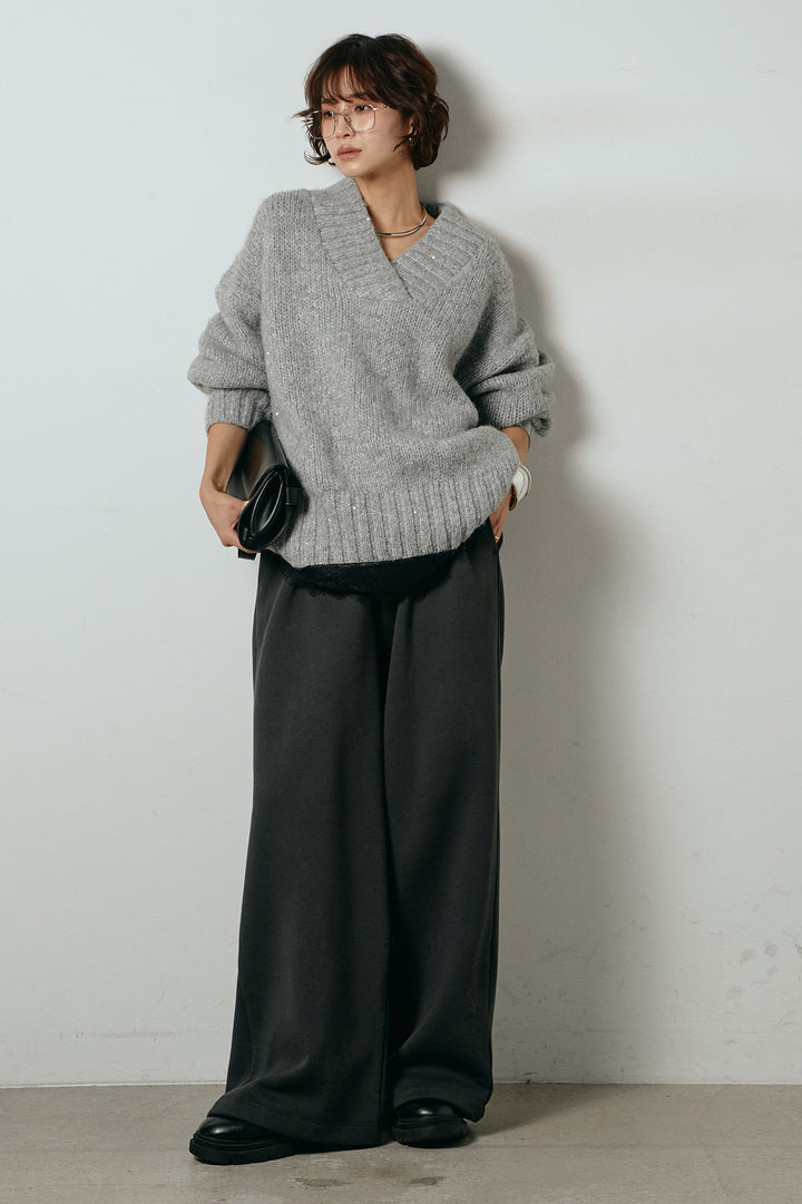 [SET]Vネックラメニットトップス+裏起毛スウェットワイドパンツ+レース切り替えキャミソール(3set)