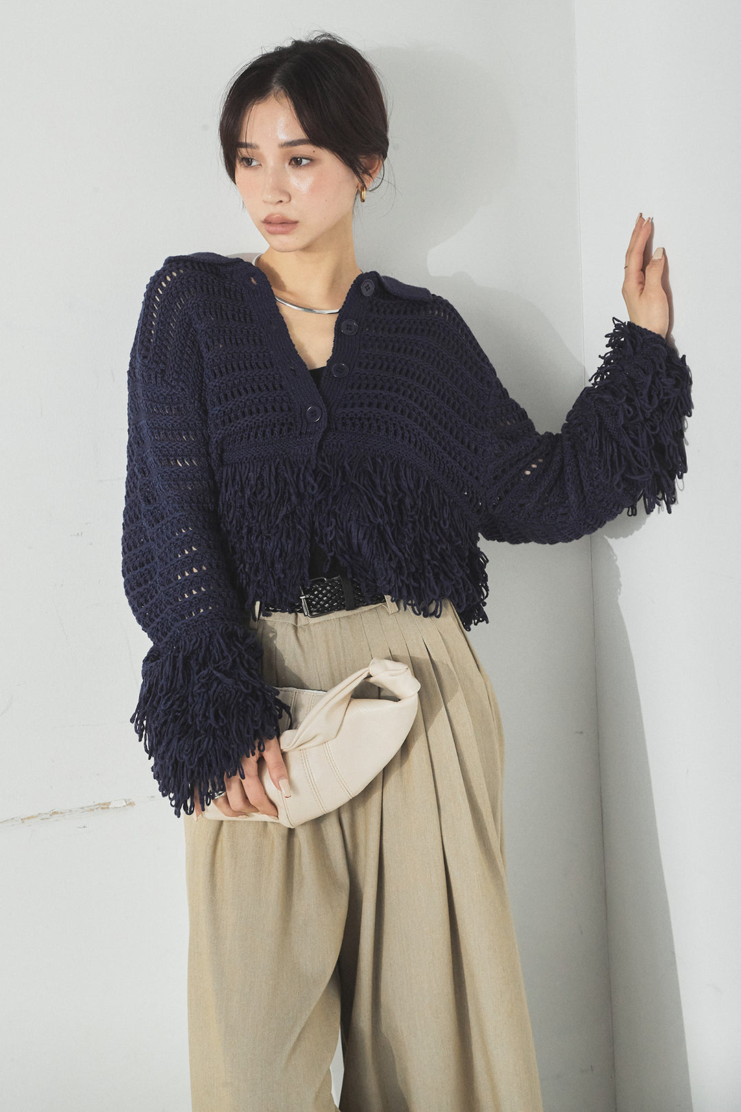 [SET]メッシュフリンジカーディガン+編みベルト付きウエストタックワイドパンツ(2set)