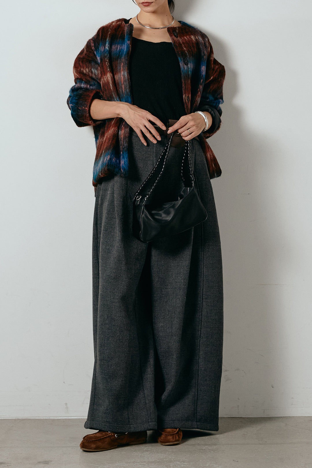 [SET]ノーカラーシャギーチェックアウター+ポーチベルト付きカーブパンツ(2set)