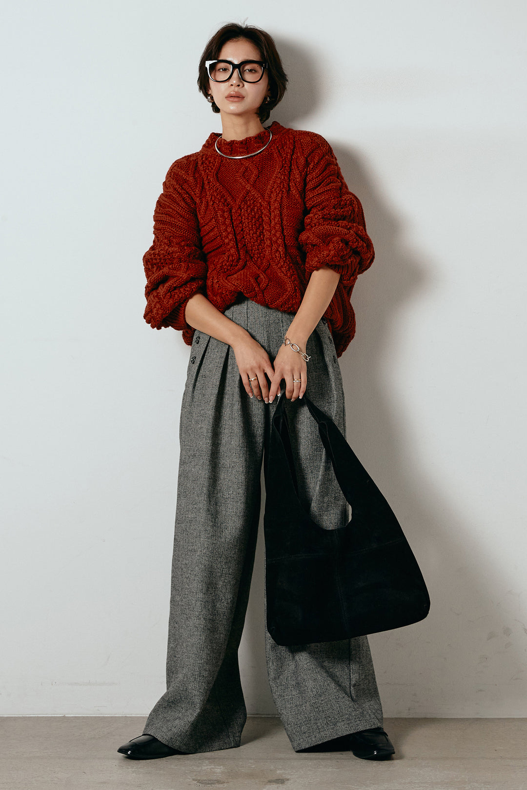 [SET]アラン柄ミックスケーブルニット+サイドボタンツイードタックパンツ(2set)