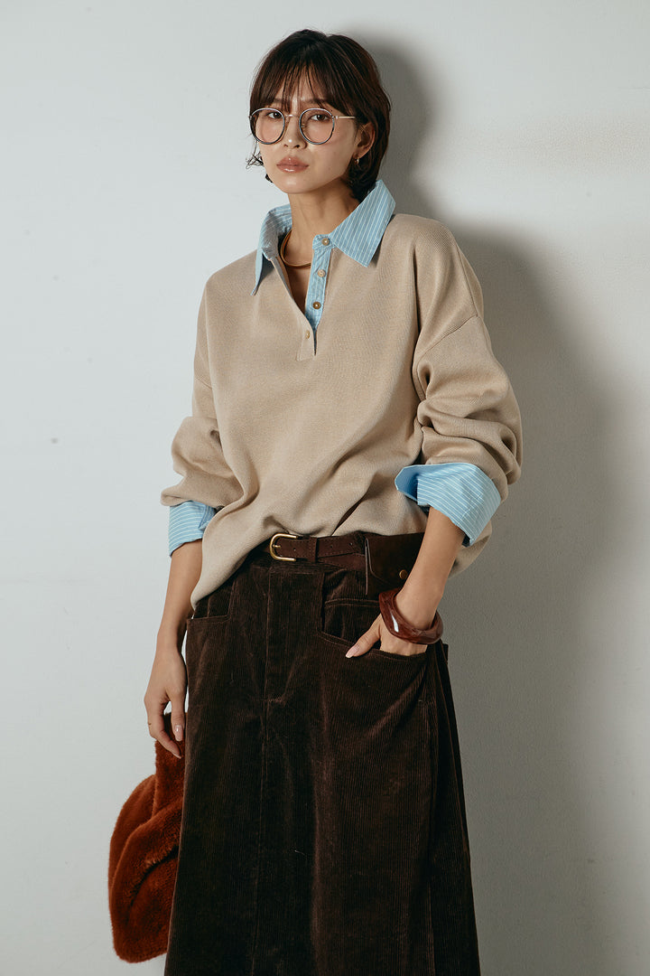 [SET]ストライプシャツドッキングポロトップス+ポーチベルト付きコーデュロイワイドスカート(2set)