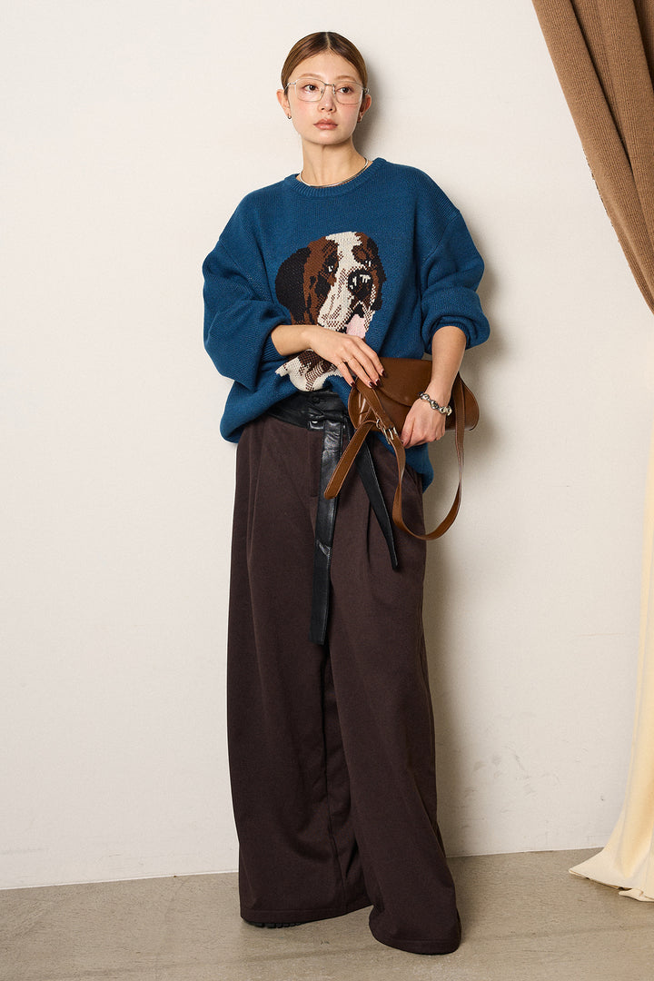 [SET]アニマルジャガード柄ニットトップス+巻ベルトウエストレザーライクワイドパンツ(2set)