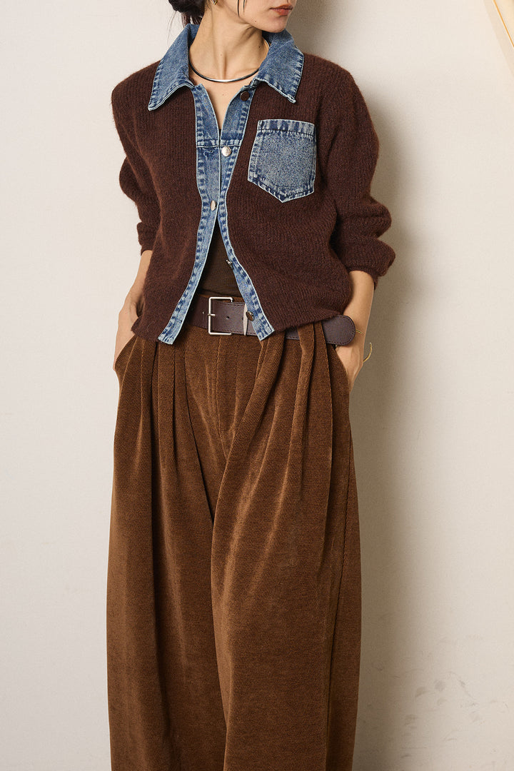 [SET]襟付きデニム切替ニットカーディガン+ベルトループコーデュロイワイドパンツ(2set)
