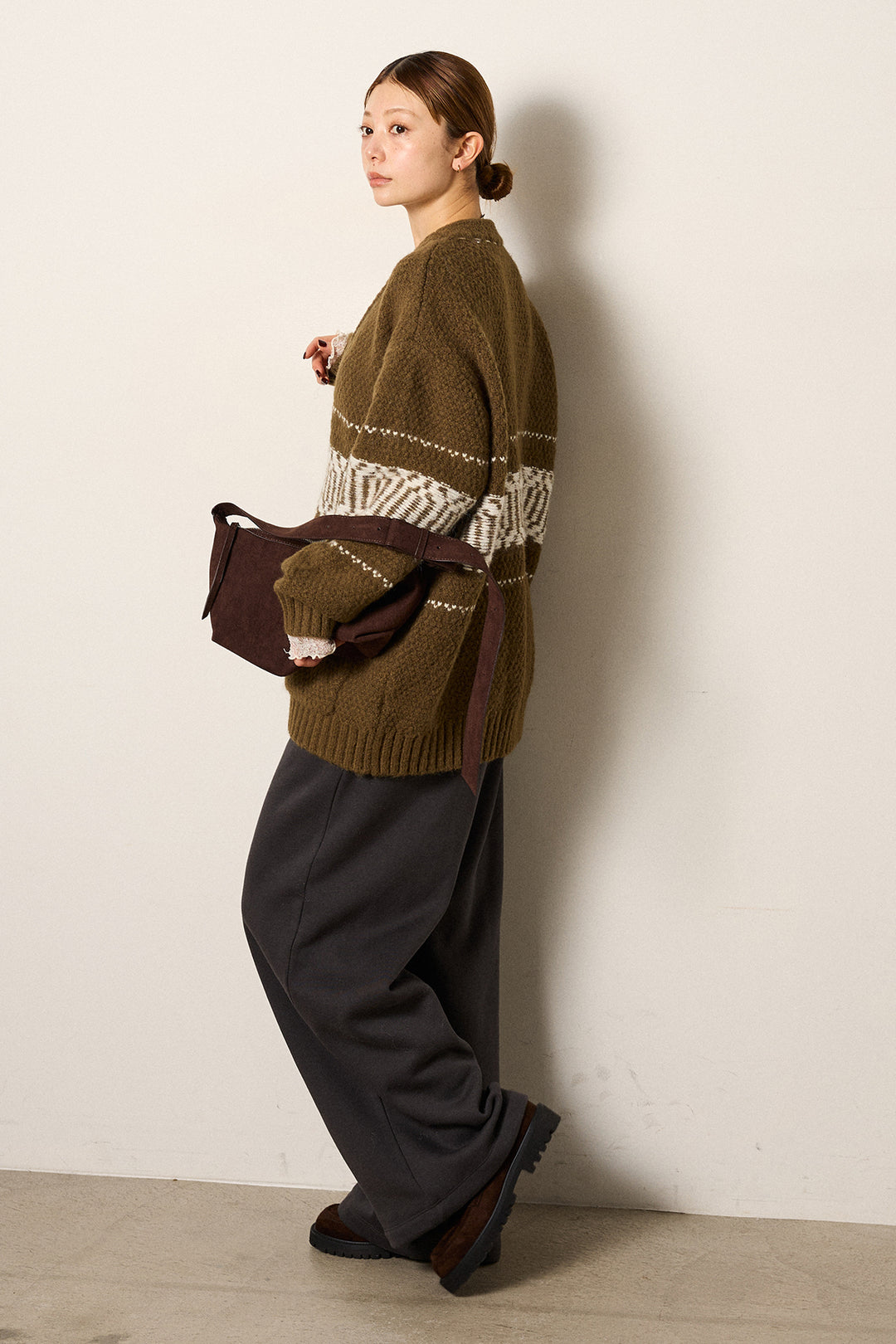 [SET]ライン柄ステッチニットカーディガン+裏起毛スウェットワイドパンツ(2set)