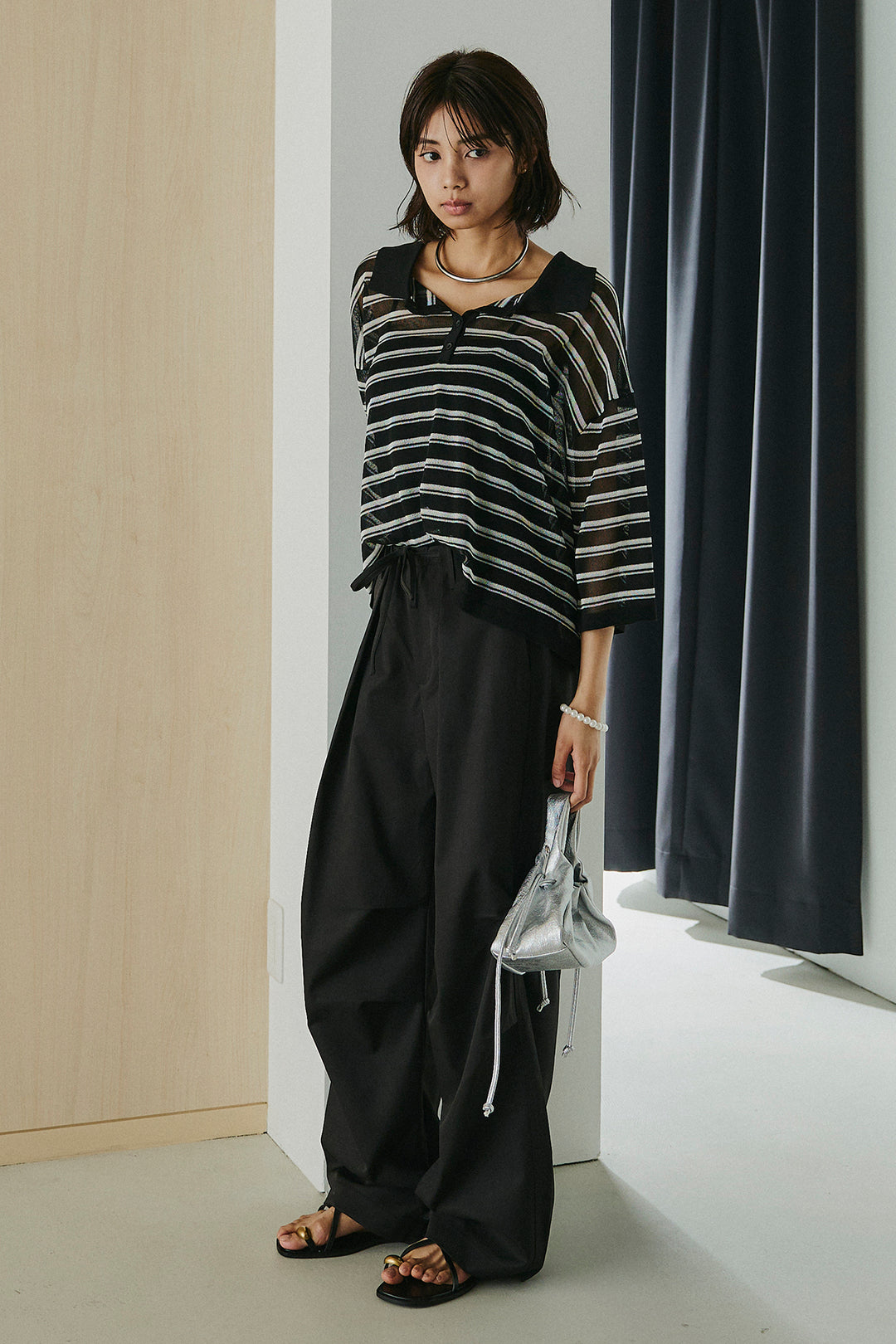 [SET]ボーダーニットポロシャツ+ニーサイドタックウエストドロスパンツ(2set)