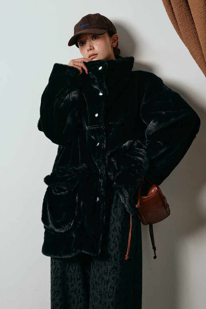 [SET]スタンドネックファーコート+レオパードジャガードニットパンツ(2set)