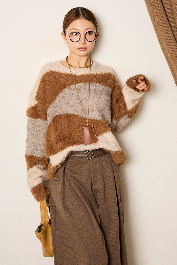 [SET]シャギーウェーブ柄クルーネックニットトップス+細ベルト付き起毛タックワイドパンツ(2set)