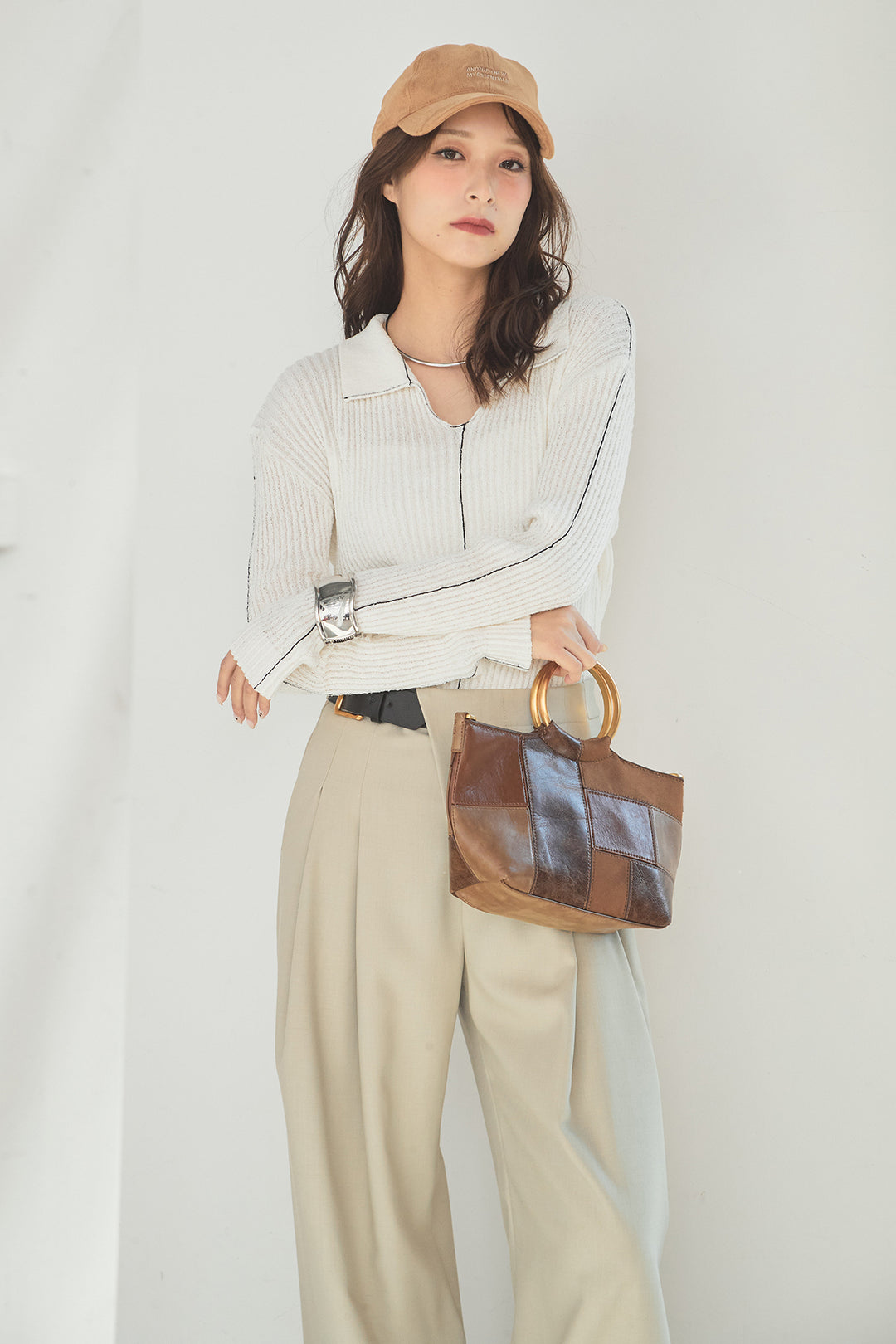 [SET]衿付きニットプルオーバー+サイドベルトタック入りスラックス(2set)