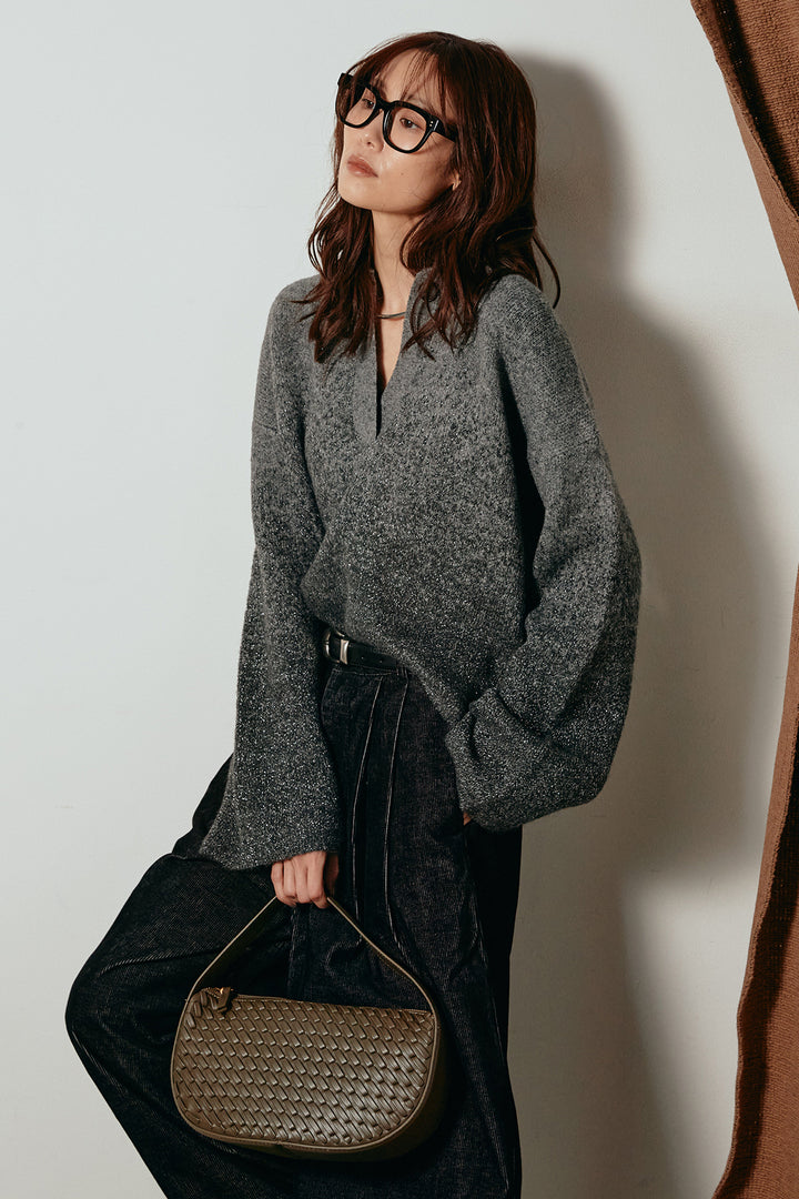 [SET]グラデーションラメニットキーネックプルオーバー+フロントタック入りコーデュロイパンツ(2set)